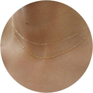 Gold Chain Necklace for Women, 14k Gold Plated Thin Beaded Wave Box Chain Neckla